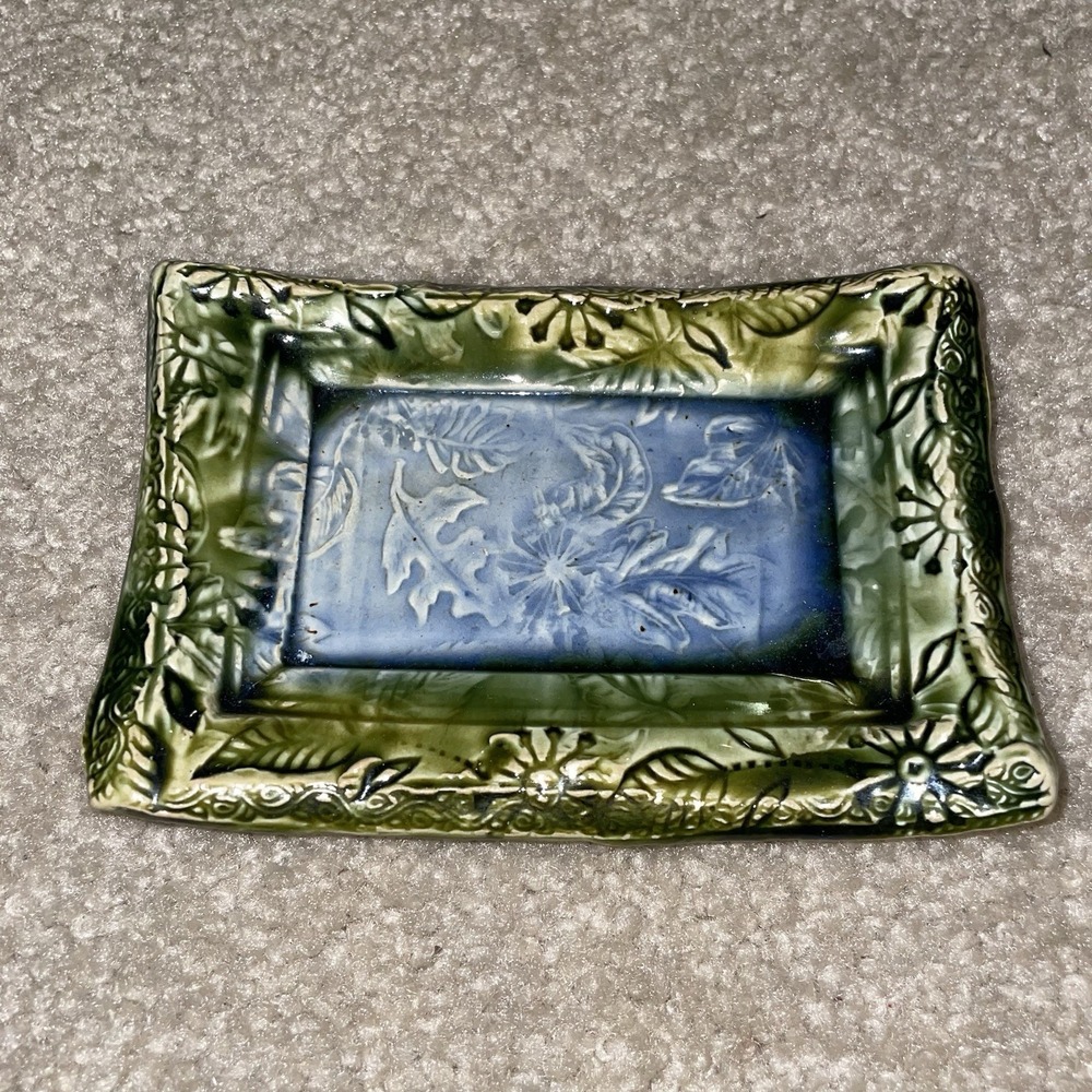 Handmade Ceramic Botanical Trinket Dish Green‎ Blue Embossed Leaf Floral Tray